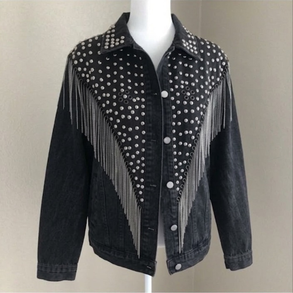 Embellished Rodeo Jean Jacket Studs & Chain Fringe Statement Jacket size XL - Picture 2 of 9